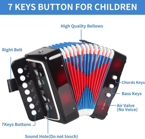 Miniatura 3 de Horse - Acordeón para niños, control de 10 teclas, acordeones musicales para niños, niños principiantes, ligero, 7 teclas, 3 bajos, mini acordeón