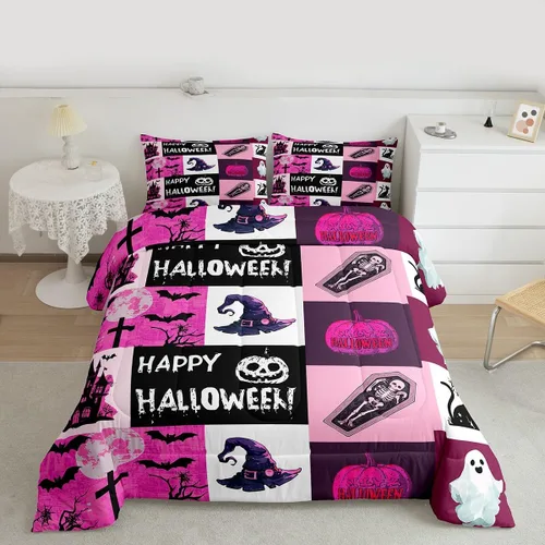 Miniatura 42 de Juego de edredón rosa con temática de Halloween, tamaño individual, edredón de farol de calabaza para adolescentes, juego de ropa de cama de Multi