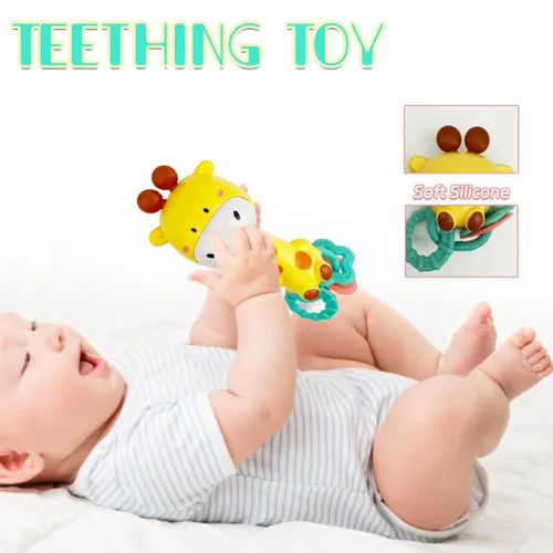 Miniatura 3 de Sonajero musical de jirafa amarilla brillante para bebé, mordedor iluminado y masticable sensorial, goma suave sin BPA, baby shower y regalo