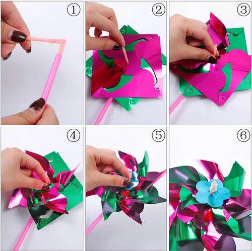 Miniatura 3 de Elcoho Molino de viento de plástico arcoíris de 100 piezas, molinetes de fiesta, molinetes de bricolaje para niños, juguete para jardín, fiesta