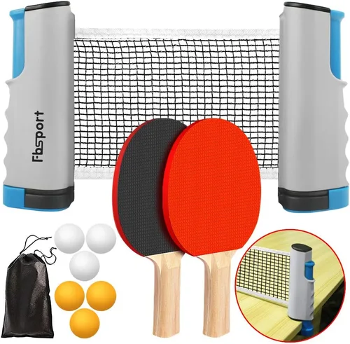 FBSPORT Juego de paletas de ping-pong, juego de tenis de mesa portátil con red retráctil, raquetas, pelotas y bolsa de transporte para juegos de Gris