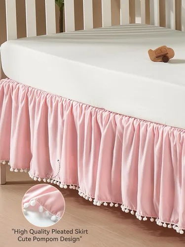 Miniatura 5 de TILLYOU Falda de cuna de bebé para niñas y niños, falda de cama con volantes con pompones, 28 x 52 pulgadas, caída de 14 pulgadas, rosa