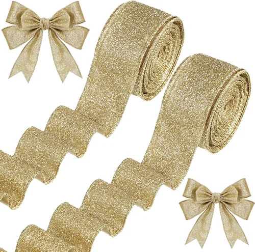 Miniatura 9 de 2 Rollos 20 Yardas Cinta de Navidad con Alambre Cinta Gruesa con Purpurina Cinta Metálica con Alambre para Envolver Regalos Cinta de Árbol