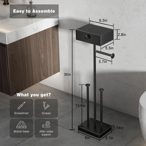 Miniatura 5 de VOLDRA Soporte de papel higiénico con estante, soporte de rollo de papel higiénico negro con cajón de almacenamiento de toallitas, soporte de papel