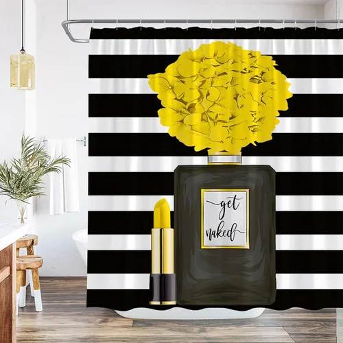 Miniatura 7 de Cortina de ducha negra con diseño de flores para niña, mujer, pintalabios, encantadora decoración de baño, juego de baño con gancho, 36 pulgadas
