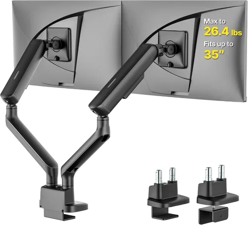 monTEK Brazo de monitor dual con resorte mecánico para pantallas de 17 a 35 pulgadas, aluminio de grado aeroespacial, abrazadera en C y soporte de