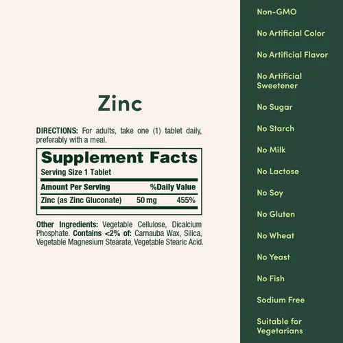 Miniatura 5 de Nature's Bounty Zinc 50mg, suplemento de apoyo inmunológico y antioxidante, promueve la salud de la piel, 1 cápsula por día, sin gluten, 250
