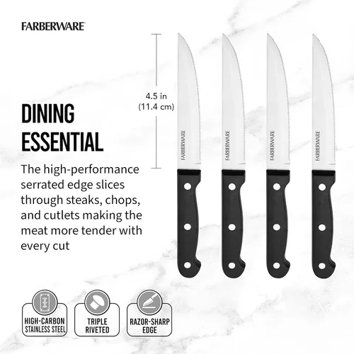 Miniatura 2 de Farberware Juego de cuchillos para carne de acero inoxidable con remaches de espiga completa, 4 piezas, color negro