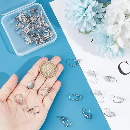 Miniatura 4 de UNICRAFTALE 40 piezas de aretes de acero inoxidable 304 con cierre de palanca, aretes planos, redondos, en blanco, cabujones, bandeja de bisel