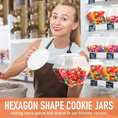 Miniatura 4 de EBOOT 4 tarros de plástico de 29 onzas para galletas de caramelo para encimera de cocina, tarro hexagonal con tapa, recipientes transparentes