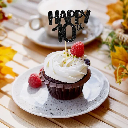 Miniatura 9 de Gyufise Paquete de 24 adornos negros para cupcakes con el número 10, para celebrar 10 cumpleaños, bodas, aniversarios, fiestas, suministros
