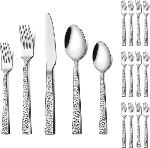 Miniatura 9 de LIANYU Juego de cubiertos martillados de 24 piezas con tenedores de ensalada adicionales, cubiertos cuadrados de acero inoxidable para 4, utensilios