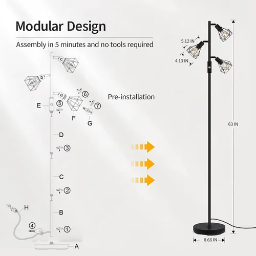 Miniatura 9 de Lámpara de pie, lámparas de pie industriales para sala de estar, lámpara de pie tipo árbol brillante con 3 cabezales de diamante encantadores, 1200