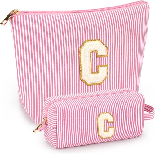 Miniatura 30 de 2 piezas de bolsas de maquillaje iniciales para mujeres: bolsa de cosméticos para viaje y artículos de tocador - Regalos de cumpleaños para niñas