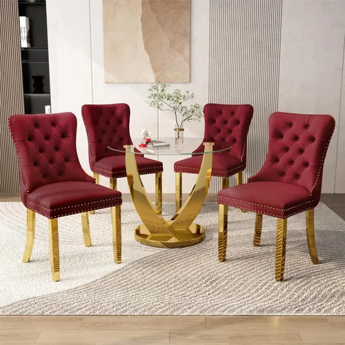 Miniatura 21 de Juego de mesa de comedor redonda de vidrio de 38.9 pulgadas para 4, mesa de cocina redonda dorada con 4 sillas decorativas de terciopelo tapizadas