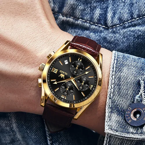 Miniatura 3 de OLEVS Reloj cronógrafo para hombre, reloj de pulsera analógico de cuarzo con correa de cuero para hombre (azulblanconegrodorado)