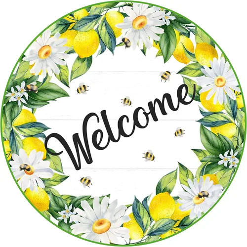 Summer Round Door Hanger, Wall Art, or Wreath accessory, Lemons with Daisies and Bees Wreath Door Sign, Home Decor, Nature and Animals, Blue and