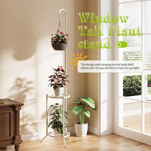 Miniatura 5 de BMOSU - Soporte para plantas con ganchos para interiores y exteriores, soporte alto de metal resistente de 3 niveles para patio, jardín, balcón