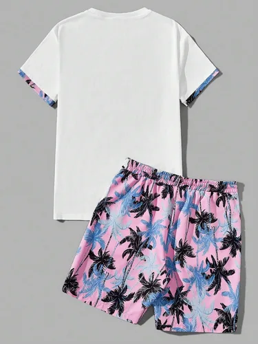 Miniatura 63 de GORGLITTER Conjunto de 2 piezas de camiseta gráfica de manga corta para hombre, estampado hawaiano con cordón y pantalones cortos