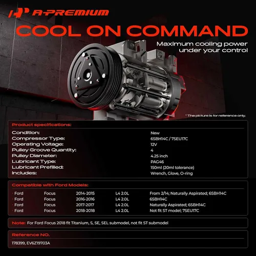 Miniatura 2 de A-Premium Compresor de A/C con embrague compatible con Ford Focus 2.0L 2014-2018 Aspirado naturalmente (no turboalimentado)