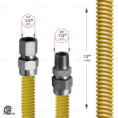 Miniatura 3 de Conector de gas de acero inoxidable con revestimiento amarillo de 12 pulgadas, conector de manguera de gas flexible de 1/2 pulgada de diámetro