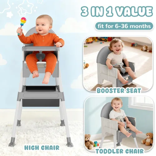 Miniatura 8 de Silla alta 3 en 1 para bebés y niños pequeños, silla de oso para niños pequeños, silla alta de altura ajustable con babero y bolsa de almacenamiento