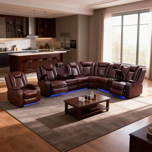 Miniatura 11 de Juego de sofá reclinable eléctrico, juegos de muebles de sala de estar, juego de sofá modular de cuero con luces LED, portavasos, consola