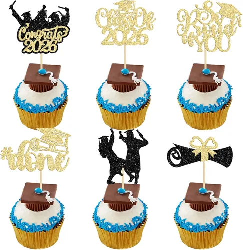 Miniatura 17 de Gyufise 24 piezas de decoración para cupcakes con purpurina para graduación 2026, decoración de pasteles para graduación 2026, decoración de Negro