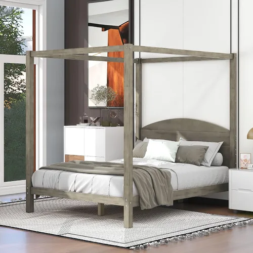 Miniatura 10 de Linique Cama de plataforma tamaño King con cabecera y patas de soporte, marco de cama King de madera con cuatro pósteres, no requiere somier, gris