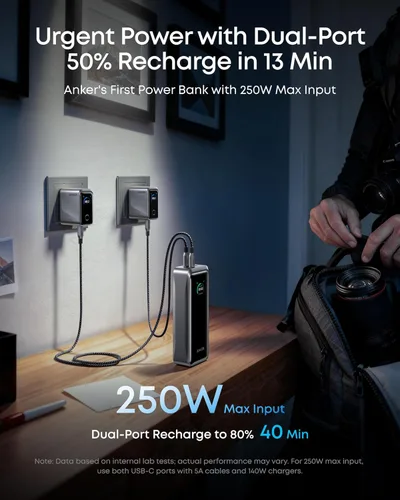 Miniatura 6 de Anker Prime Power Bank, banco de energía portátil de 3 puertos de 26,250 mAh con salida máxima de 300 W, carga bidireccional, aprobado por la TSA
