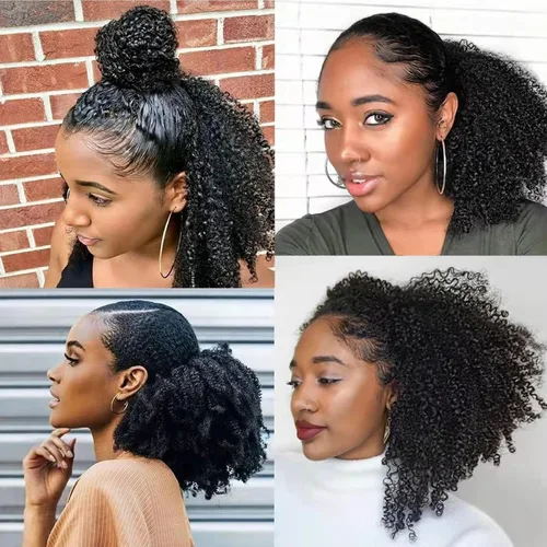 Miniatura 8 de Cola de Caballo con Cordón Afro Puff Cabello Humano Afro Rizado Crespo Cola de Caballo con Cordón 4C para Mujeres Negras Extensión de Cabello Humano