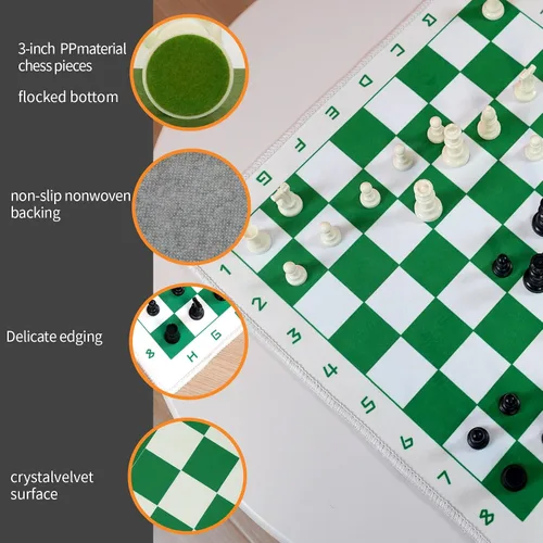 Miniatura 3 de Juego de ajedrez con tablero plegable verde y blanco de 19.7 x 19.7 pulgadas, piezas estándar sin peso de 3 pulgadas, juego de ajedrez de viaje