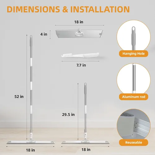 Miniatura 3 de Trapeador plano de microfibra para limpieza de pisos, base de aluminio de 18 pulgadas (17.7 pulgadas/17.7 in), mango ajustable de acero inoxidable
