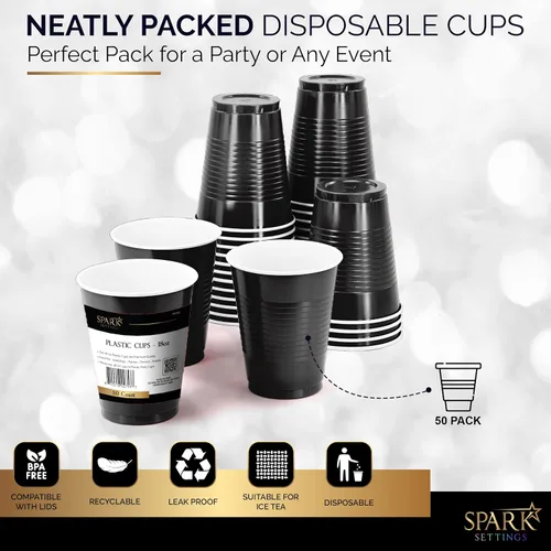Miniatura 5 de Amcrate Vasos desechables, vasos de plástico negros de 18 onzas, fuertes y resistentes para bodas, Navidad, Halloween, paquete de 50