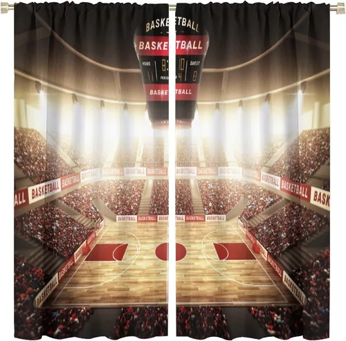 Miniatura 18 de Cortinas deportivas de baloncesto para niños, patrón de llama de bola 3D naranja, 42 pulgadas de ancho x 45 pulgadas de largo
