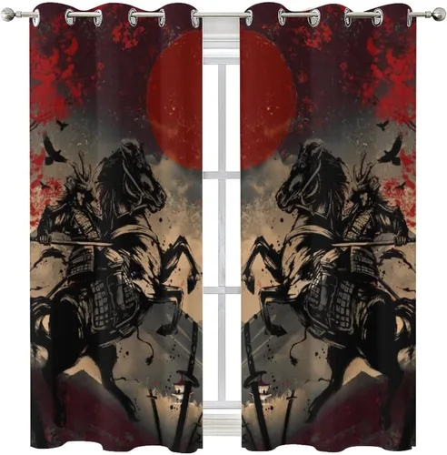 Miniatura 8 de Cortinas opacas abstractas japonesas samuráis para dormitorio, caballo samurái rústico, rojo, ojal, aislamiento térmico, cortinas de oscurecimiento