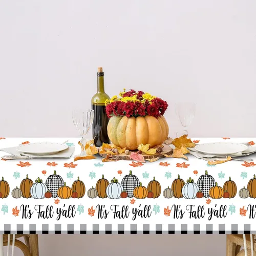 Miniatura 4 de Buryeah 3 manteles de plástico desechables de Acción de Gracias y otoño, mantel de arce a cuadros de calabaza, 51 x 86.6 pulgadas, rectangular