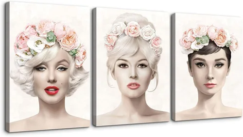 Miniatura 20 de Denozer Arte de pared en lienzo de 3 paneles con retrato de belleza de Marilyn Monroe, Audrey Hepburn y Brigitte Bardot, impresiones de cuadros