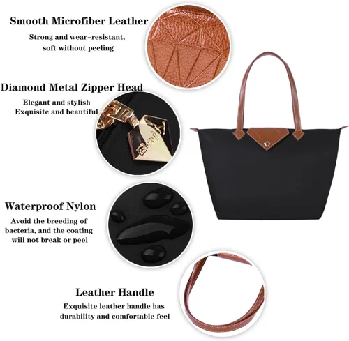 Miniatura 3 de Bolso de mano para mujer, bolso de hombro de nailon ligero grande y bolso de trabajo de viaje, plegable con asa superior con cremallera