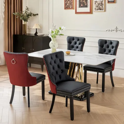 Miniatura 66 de Juego de 2 sillas de comedor tapizadas de tela de lino, sillas de cocina modernas de mediados de siglo con respaldo alto, ribete de cabeza de clavo