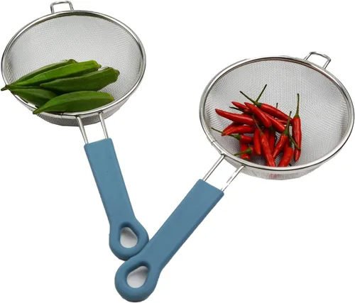 Miniatura 3 de SAMMART Colador/colador de malla de acero inoxidable con mango de silicona azul acero - Tamiz redondo con aro más ancho (1, 6 pulgadas)
