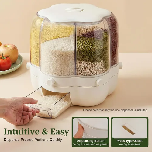 Miniatura 5 de Dispensador de arroz, dispensador de cereales giratorio de 6 rejillas de 360° con tapa, organizador de almacenamiento de granos, soporte