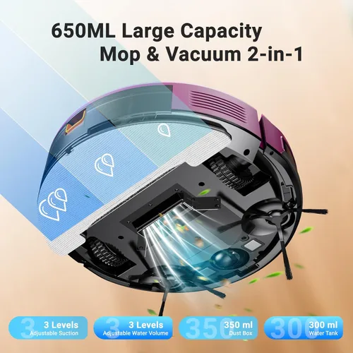 Miniatura 3 de MBYULO Robot que aspira y trapea, 5000 Pa de succión, 650 mL, robot 2 en 1 que aspira y trapea, con programador, WiFi/Alexa/App, robot aspirador