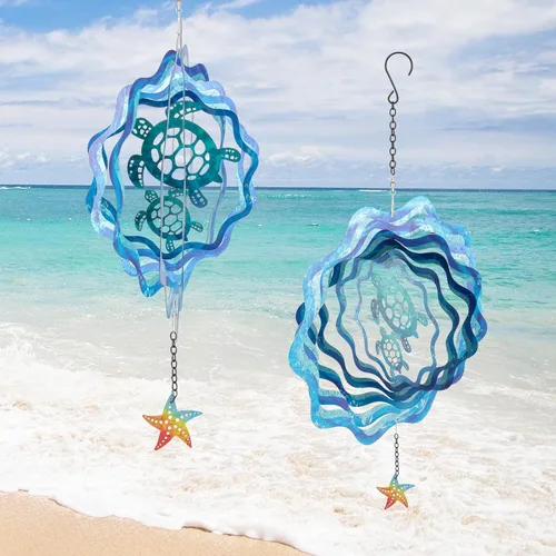 Miniatura 2 de Molinillos de viento colgantes de tortuga marina – 12 pulgadas 3D cinético al aire libre grande de metal giratorio de viento azul con patrón de onda