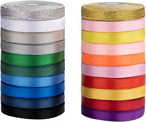Miniatura 3 de Cinta de satén arcoíris de doble cara de 20 colores de 300 yardas, 18 rollos de cinta y 2 cintas metálicas con purpurina, 3/8 pulgadas x 15