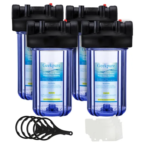 Geekpure Carcasa de filtro de agua para toda la casa de 10 pulgadas, puerto de 3/4 pulgadas con llave y soporte, 4.5 x 10 pulgadas, paquete