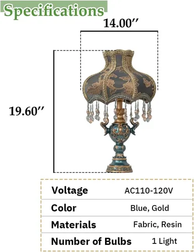 Miniatura 9 de Lámpara de mesa de estilo victoriano, lámpara de mesa decorativa de flores antiguas, luz de noche de tela azul, elegante lámpara de mesita de noche