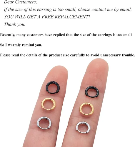 Miniatura 5 de Aretes de aro Huggie para mujeres y hombres, acero inoxidable quirúrgico 316L, 0.236 in, 0.315 in, 0.394 in, para hombre, aretes de aro