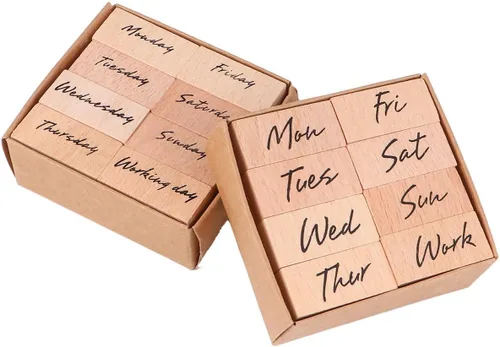 Juego de 16 sellos de goma de madera, letras de semana y abreviaturas para manualidades, álbumes de recortes, decoración de diario y cuenta de mano