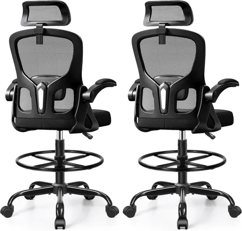 Miniatura 12 de Silla de dibujo, silla de oficina alta para escritorio de pie, respaldo alto ergonómico con reposacabezas, soporte lumbar, anillo para el pie y Negro